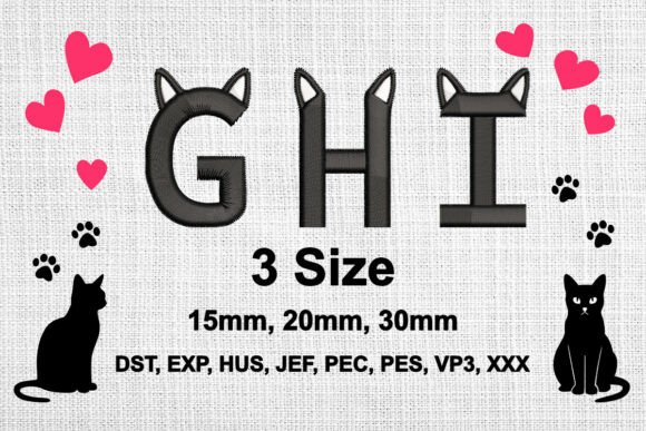 Cat Ears Embroidery Font Alphabet G H I – A Playful Touch for Pet & Kids’ Projects