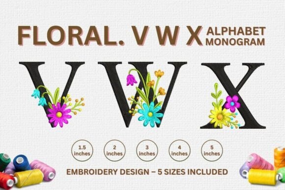 Floral Embroidery Letter Designs V, W