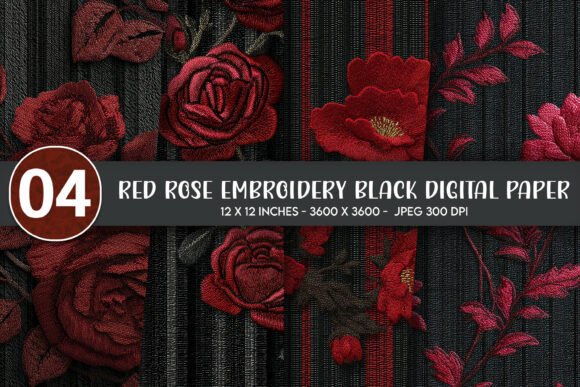 Red Rose Embroidery Black Digital Paper